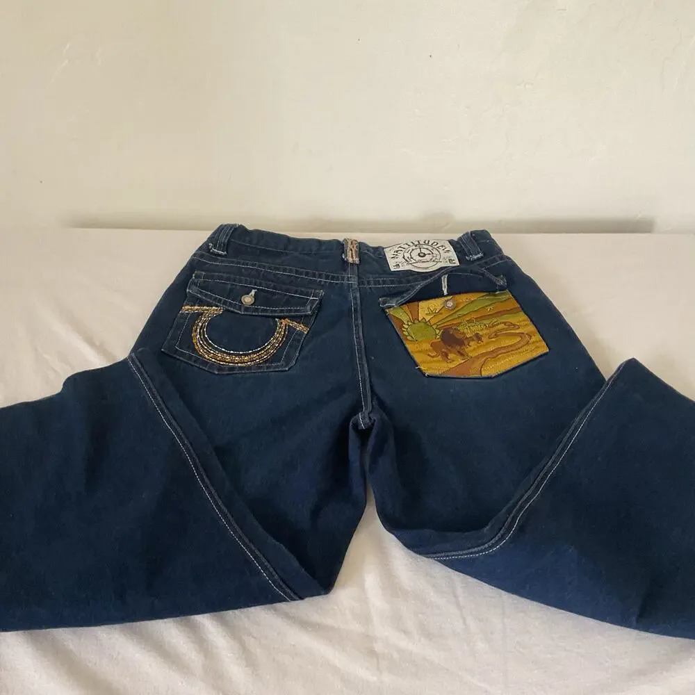 ATTITUDE  Vintage Wide Leg Baggy Jeans with Y2K Sahara Design 36X32 (24)